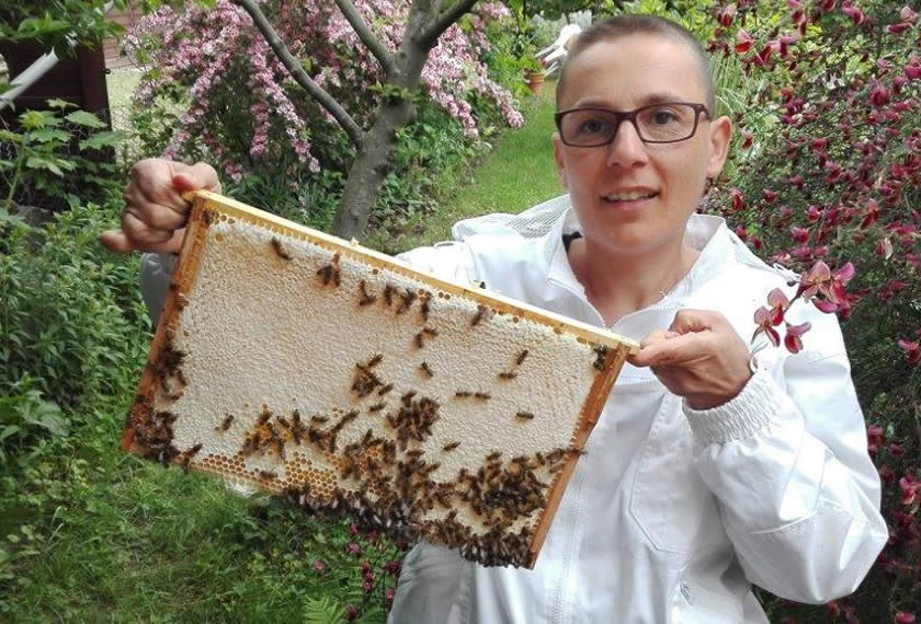 Imkern mit EM - Hobbyimkerin Priska Bühl mit einem vollen Honigrahmen und Bienen in Ihrem Garten